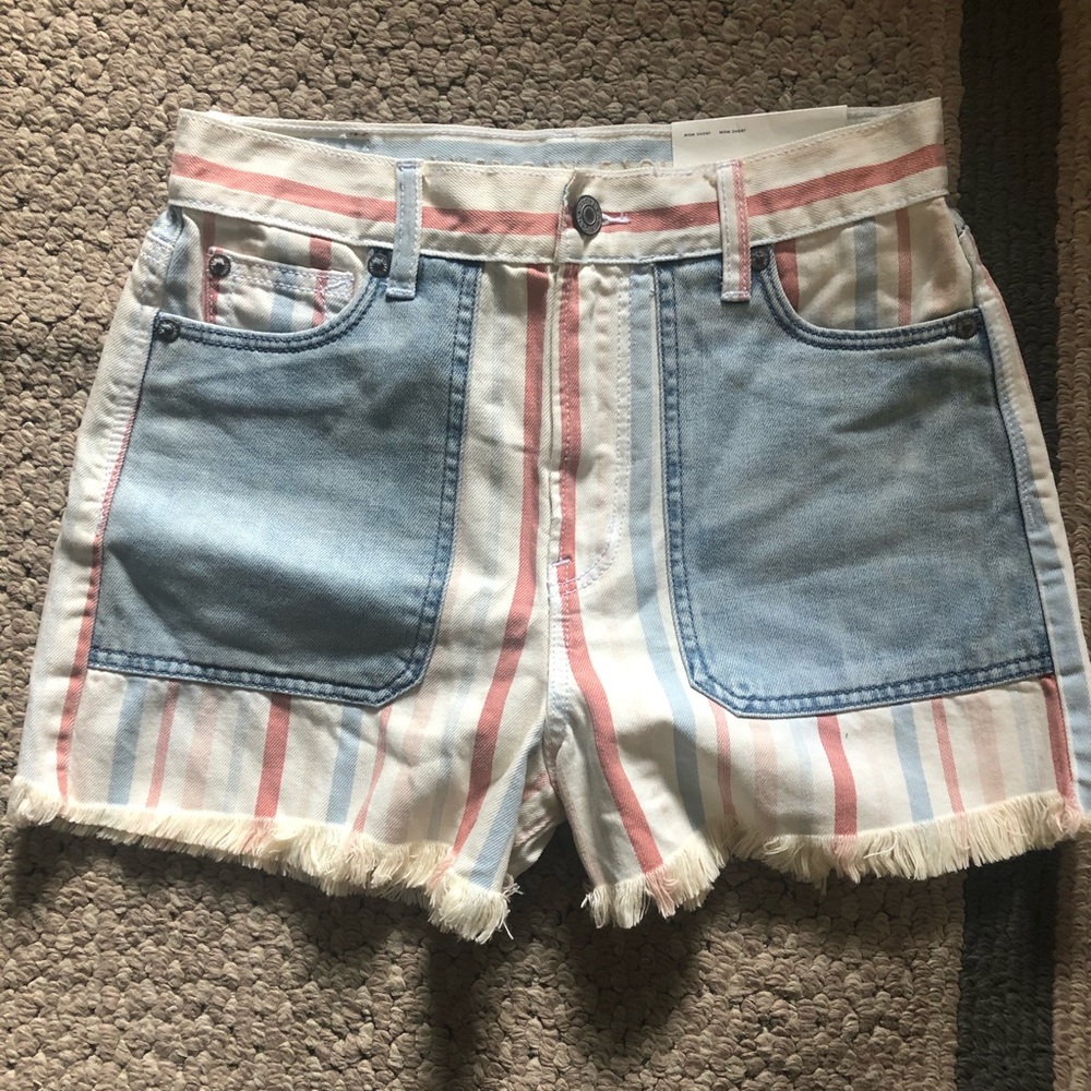 🌞 American Eagle Women's Flag Stripe Denim Mom Shorts Size 00 Red White Blue